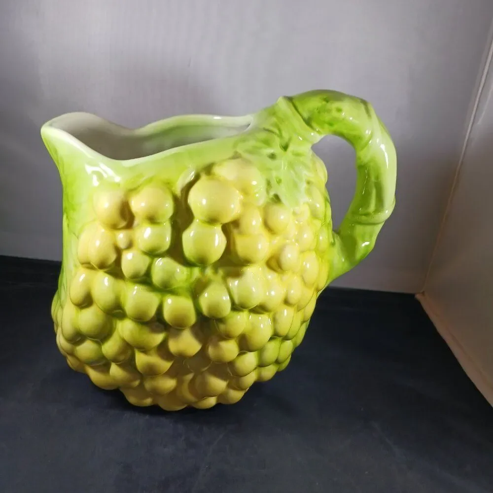 Vintage  Majolica Style Yellow and Green Ceramic Grape Pitcher